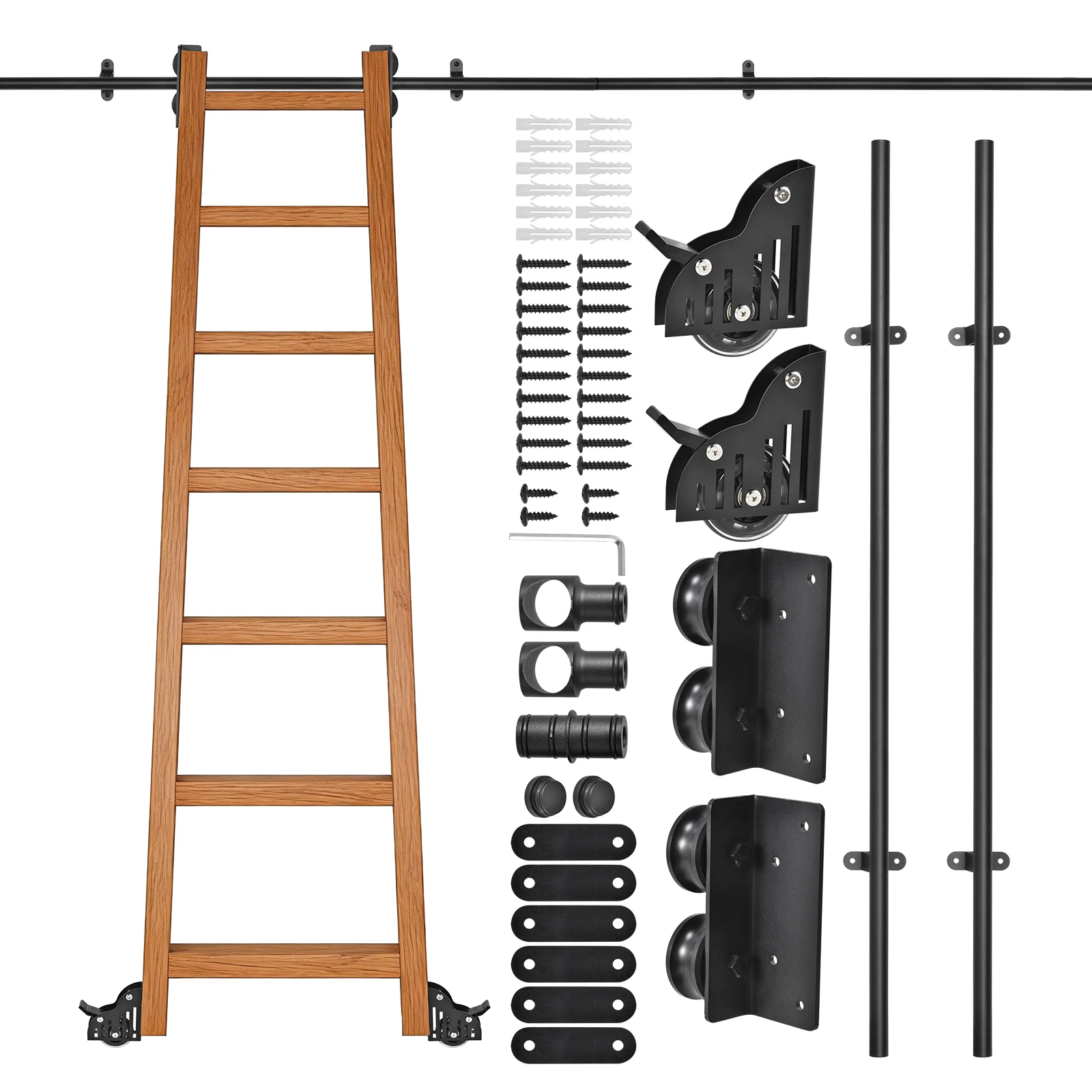 

Carbon Steel Rolling Ladder Hardware Kit for Closet and Loft, 350 Lbs Capacity Sliding Track System with Lockable Floor Wheels, Heavy Duty Pulley for Kitchen Attic Library Ladder Accessories