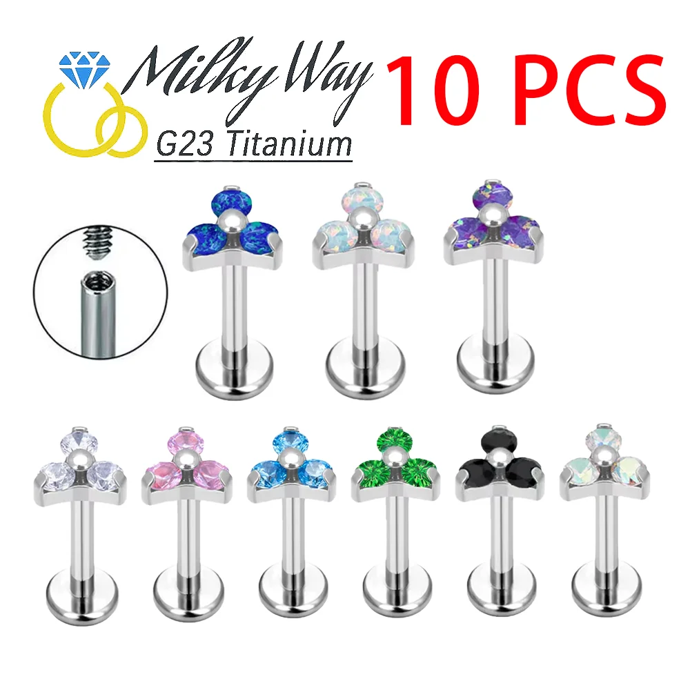 

10PCS G23 Titanium Nose Piercing Zircon and Opal Popular Earrings Threaded Labret Lip Studs Wholesale Sexy Body Jewelry