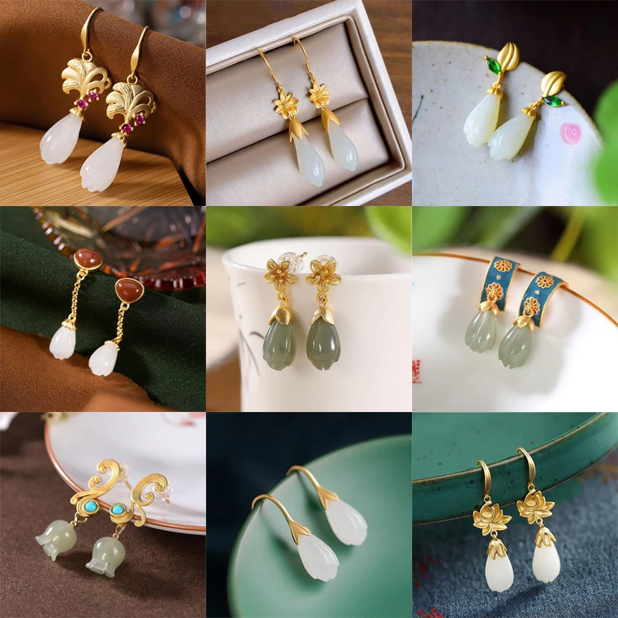 

Designer original new natural Hetian jade magnolia plant exquisite earrings Chinese style elegant ladies silver jewelry