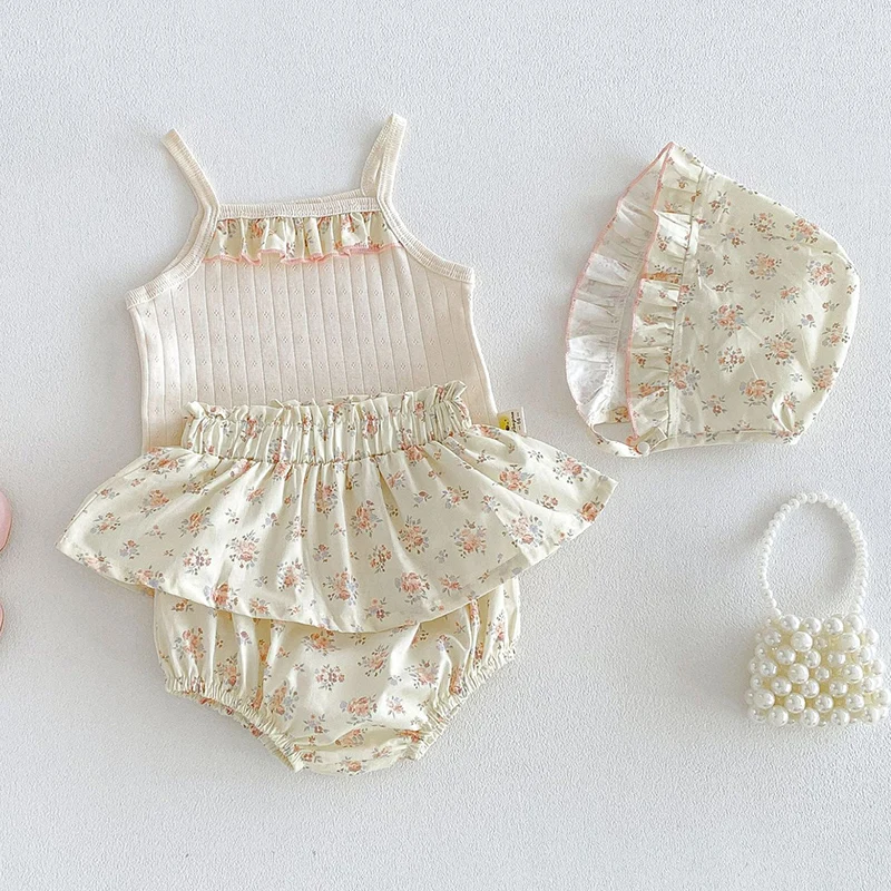 2026 New Summer Newborn Baby Girls Clothing Set Sleeveless Cotton Vest+Printed PP Shorts+Hat 0-24M Children Clothes Suit