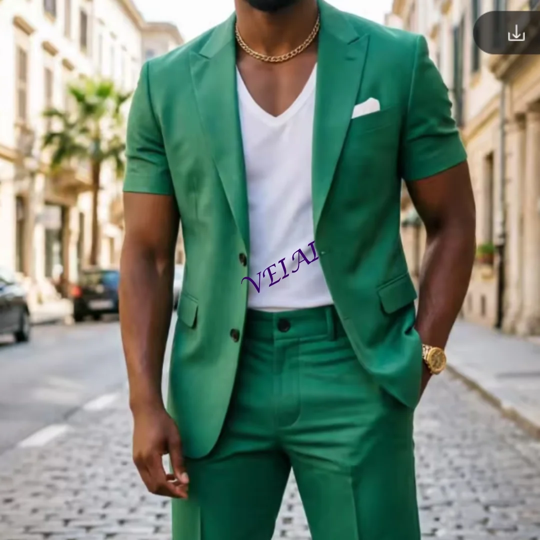 Customized Sage Green 2-Piece Men's Summer Suit Short Sleeve Slim Fit Casual Beach Vacation Daily Wear Short Pants Included