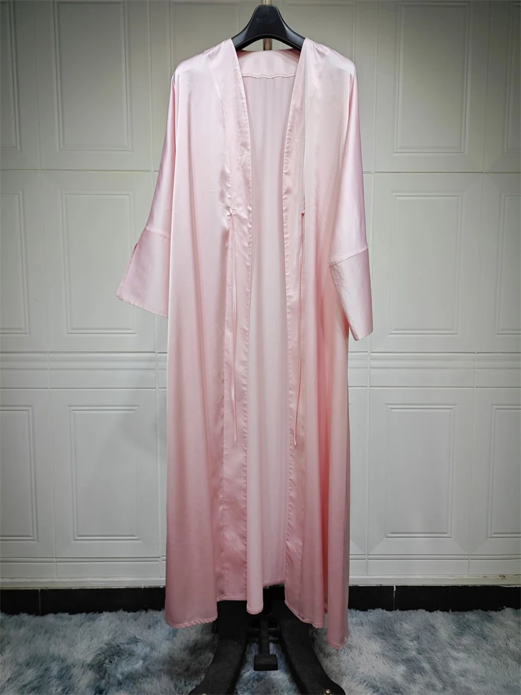 Muslim Women Pink Satin Kimono Abaya Damen Dubai Elegant Luxury Kaftan Modest Dress Islam Caftan Marocain Robe Femme Musulmane