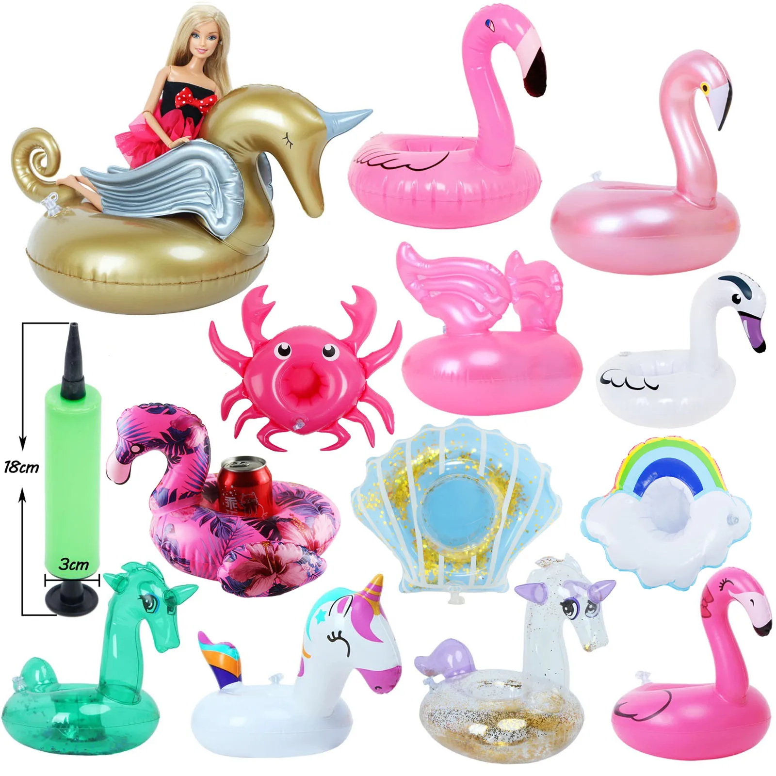 Mini Swimming Ring Lifebuoy For Barbies On The Beach Animals Pattern Inflatable Water Cup Holder Doll Accessories，Gift For Girls