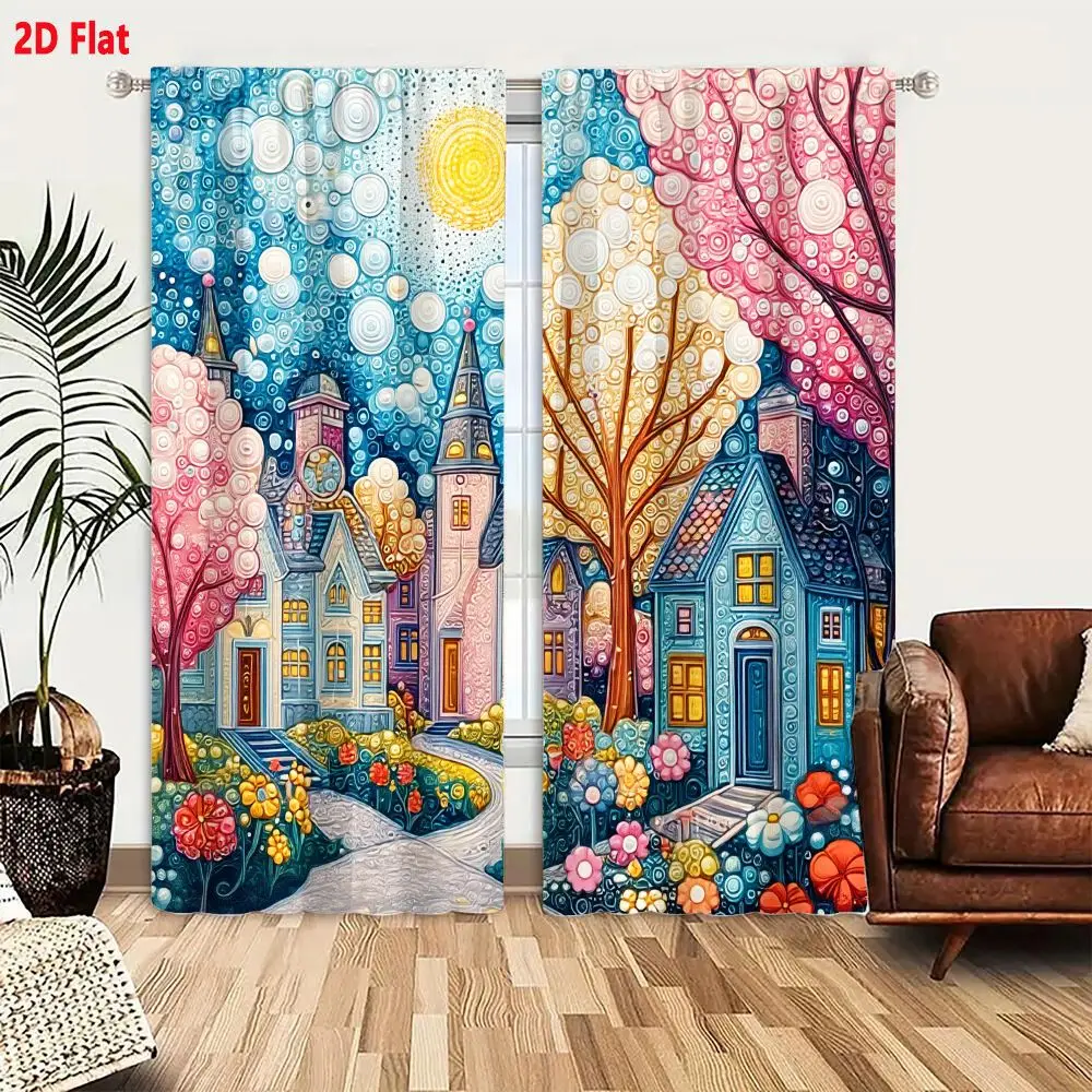 2Pcs Curtains 2D Flat Vibrant Whimsical Fantasy Village With Clock Tower And Glowing Sun In Stylized Patterned Art Window Drapes