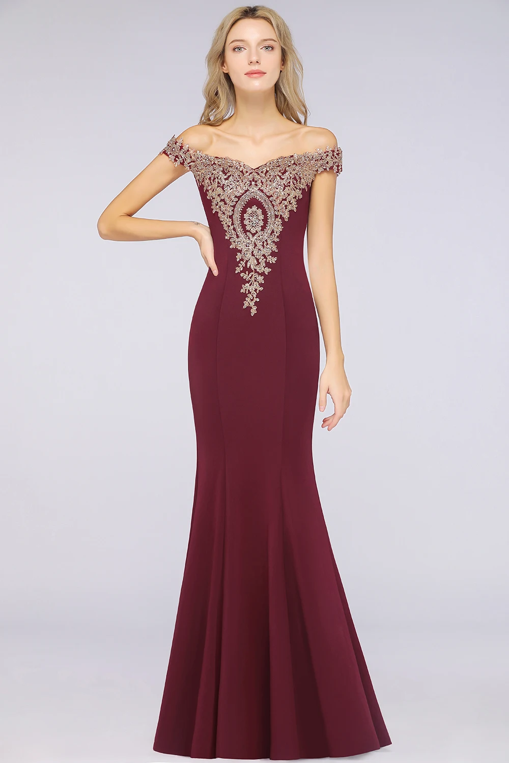 

Christmas Burgundy Long Mermaid Evening Dresses Sexy Off The Shoulder Sequins Appliques Backless Turmpet Dress Slim Floor-Length