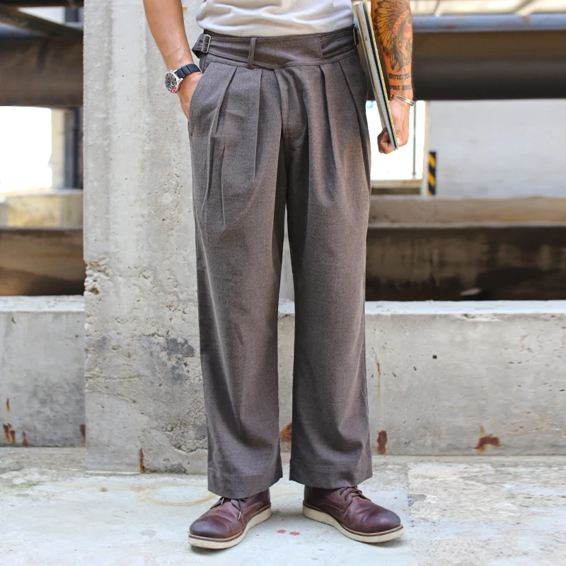 

Vintage Men's Woolen Tweed Casual Pants Straight Leg Long Trousers Autumn Season Youth Faion No Stretch Elastic Waist