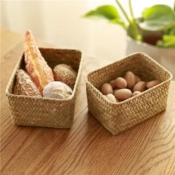 Woven Seagrass Storage Baskets Straw Rattan Basket Desk Organizer Picnic Basket Fruit Storage Box Cosmetic Storage Container