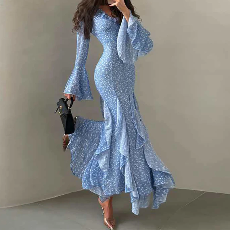 Sexy V-Ausschnitt Rüschen Elegantes Partykleid Herbst Mode Print Slim Bodycon Langes Kleid Damen Frühling Trompetenärmel Maxikleider