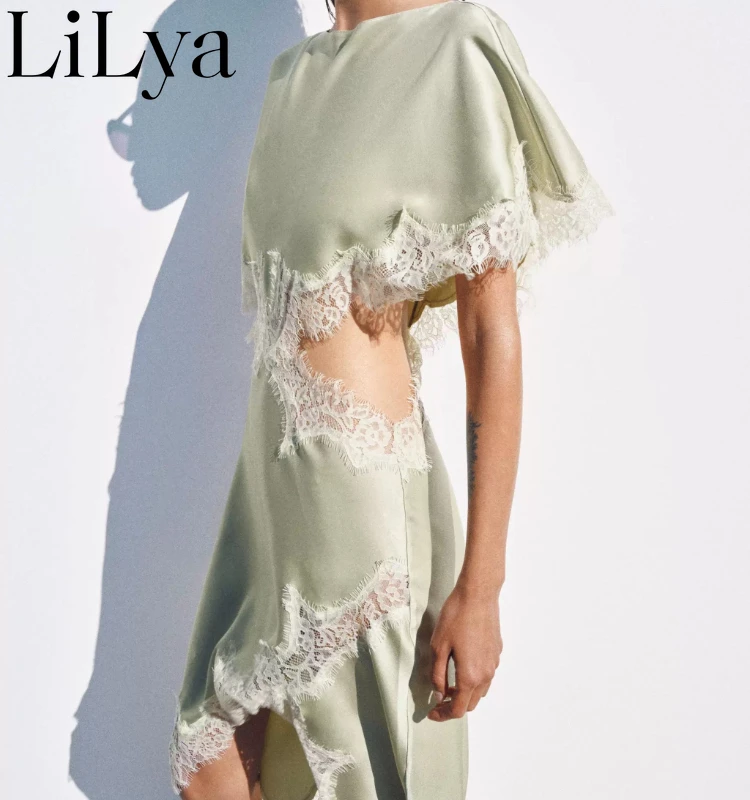 Elegant Solid Waist Hollow Out Woman Dress Lace Trim Cutout Asymmetrical Midi Dress Y2K Lady Sexy Club Party Woman Dress 2026NEW - Image 3