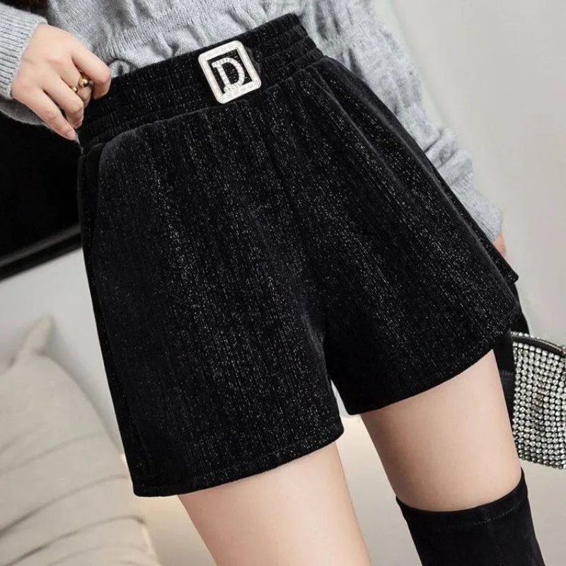 

Women's High Waist Solid Bright Silk Diamonds Wide Leg Pants 2023 Autumn and Winter Fashion Loose Pocket Elastic Waist Shorts