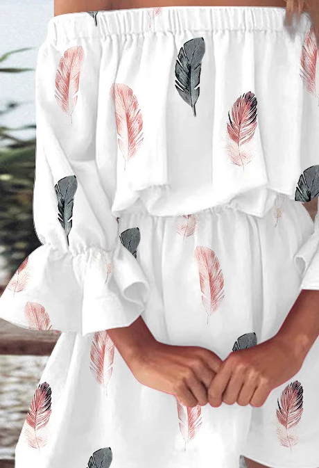 Mulheres sem alças slash neck pena impressão vestido de cintura alta babados sexy mini vestido