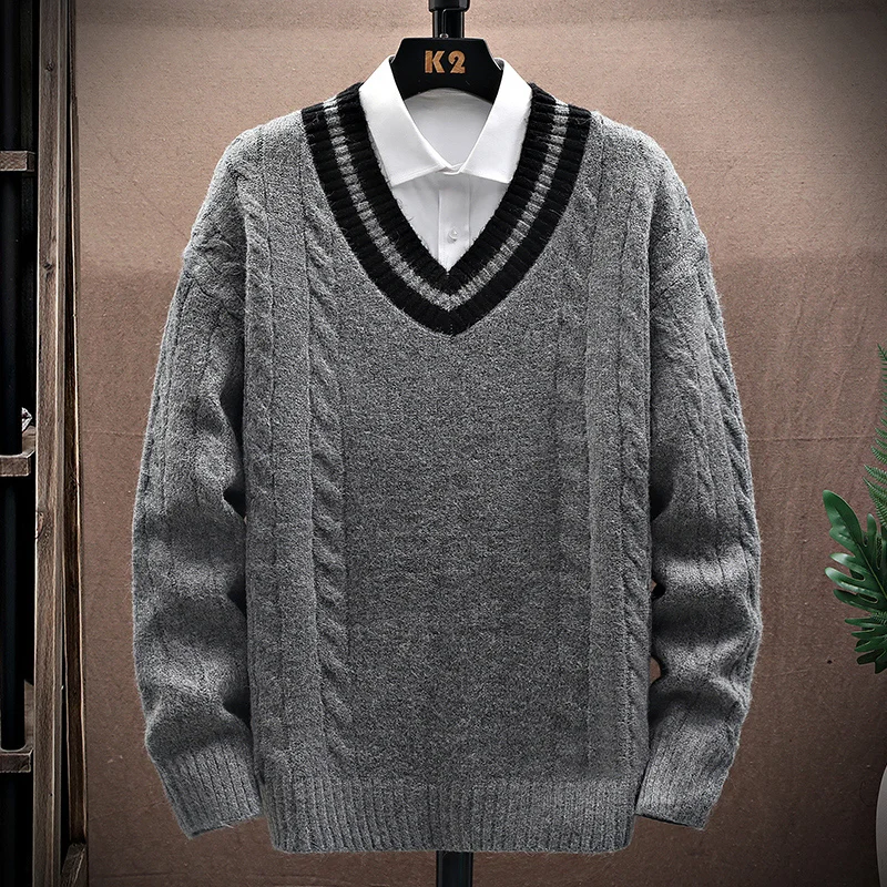 

Autumn and winter new 2024 men's casual fashion simple V-neck loose warm sweater men's home decor trendy striped long-sleeved