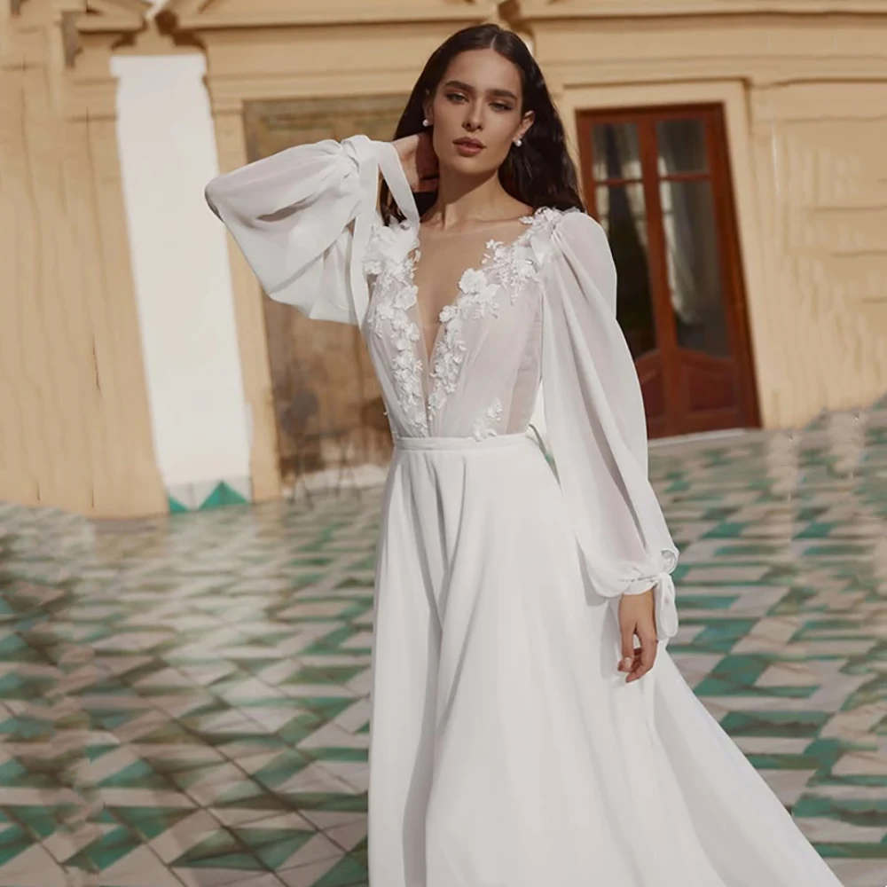Elegant Long Sleeve Wedding Dress Deep V Neck 3D Floral Lace Bridal Gown Open Back Chiffon A-Line Train Wedding Bridal Dresses