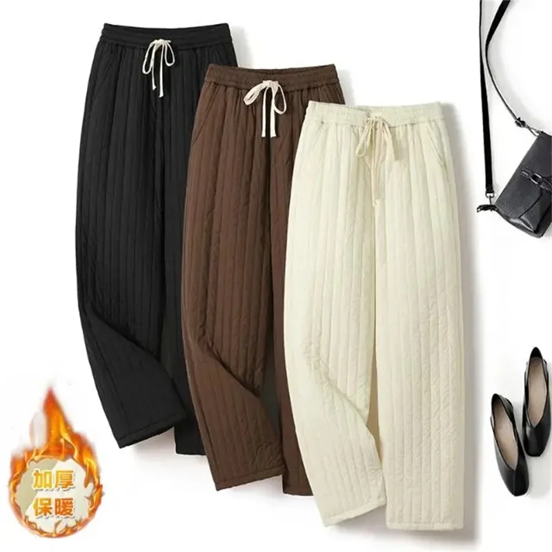 Winter New Drawstring Elastic Waist Slimming Versatile Anti Cold casual Pants Retro Clip Cotton Warm Wide Leg Pants Women's