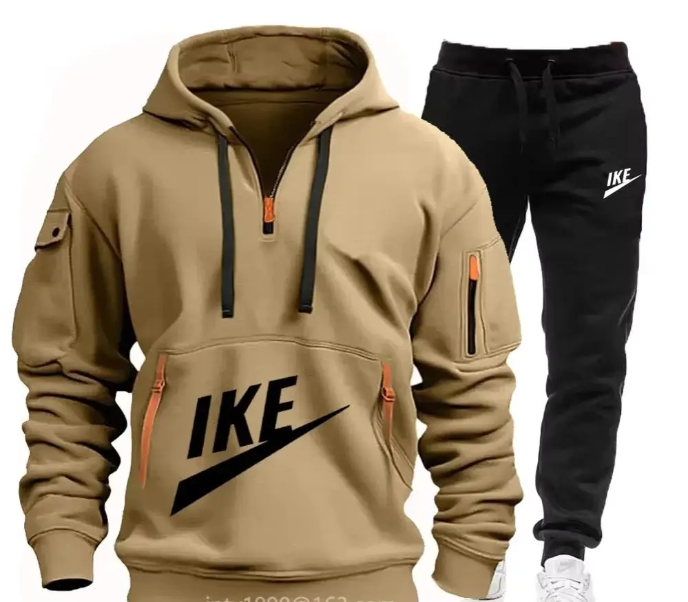 

2025 Новая мужская осенне-зимняя куртка с капюшоном на молнии + комплект брюк - повседневная спортивная одежда, теплый комплект - для улицы - мода - удобный