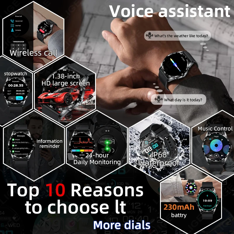 LIGE ساعة ذكية رياضية لتتبع اللياقة البدنية ومراقبة صحة النوم ومكالمات الطقس والموسيقى AI صوت مقاوم للماء ساعة ذكية لنظام IOS وأندرويد