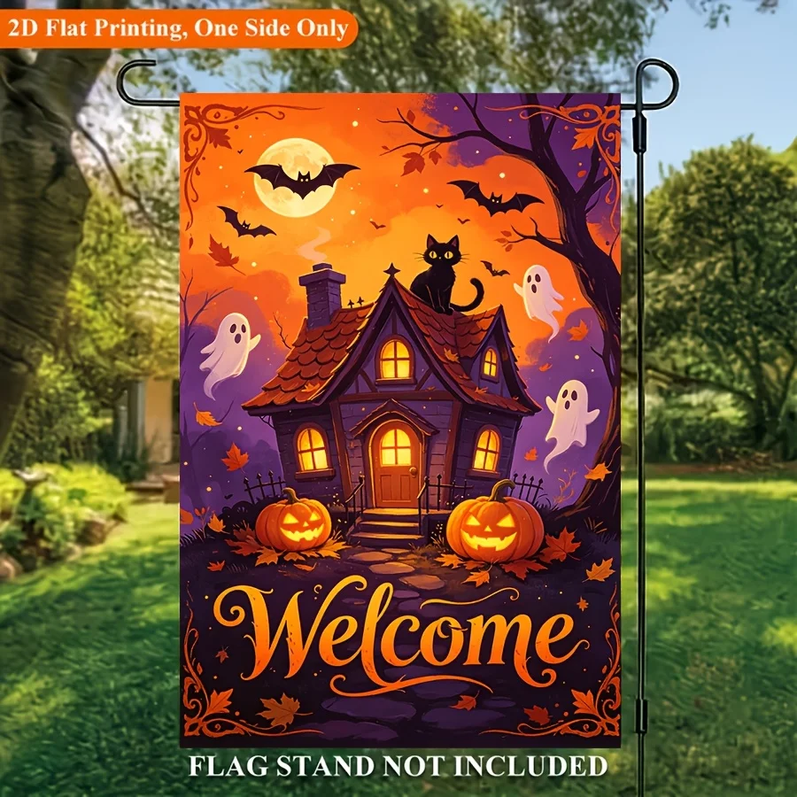 2D Flat - 2D Flat - 1pc 2D Printing Halloween Autumn Garden Flag 12 X 18In Pumpkin Castle Black Cat Garden Flag Peach Skin Double-Sided Autumn Welcome Flag Courtyard Porch Home Decoration Pumpkin Garden Flag Outdoor Decoration Popular Latest