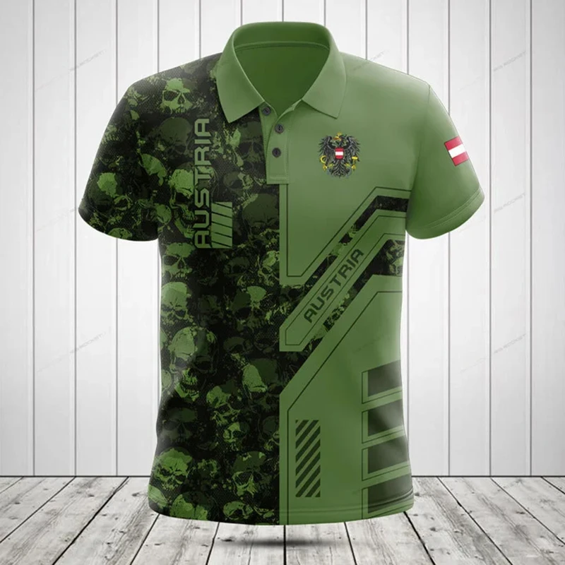Image of Maßgeschneidertes Poloshirt mit Österreich-Flagge und Camo-Muster, Herrenmode, Kurzarm-Oberteil, Vintage-Trikot, Alltagskleidung, Unisex-Streetwear