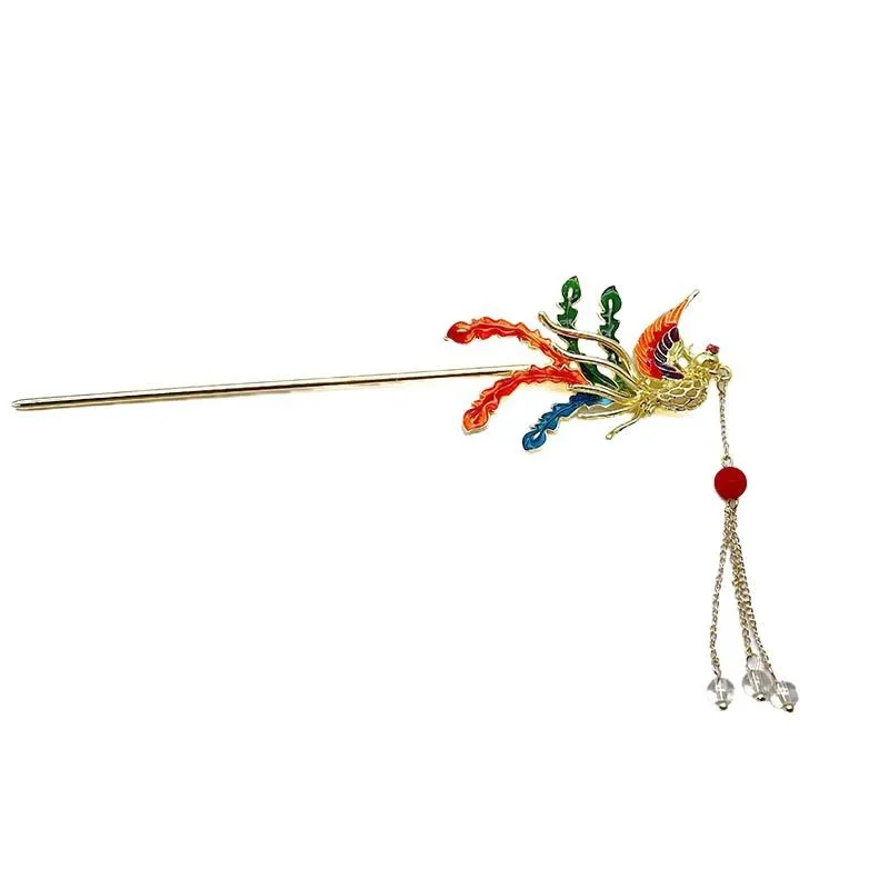 Phoenix hairpin, ancient-style tassel hair accessory, Chinese-style walking and swaying rice flower headwear