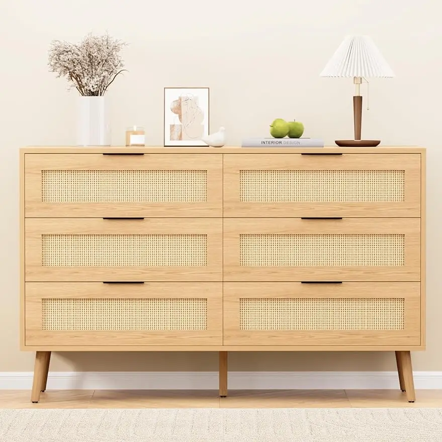 

Natural Rattan Dresser for Bedroom with 6 Drawers, Modern Wood 6 Drawer Dresser with Black Handles, Chest of Drawers