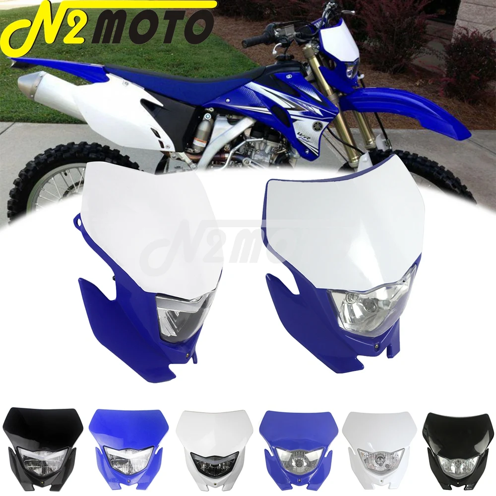 Blue White Supermoto Enduro H4 Headlight Headlamp Mask For Yamaha Honda WR 450 250 YZ TTR Dirt Bike Motocross Headlight Fairing