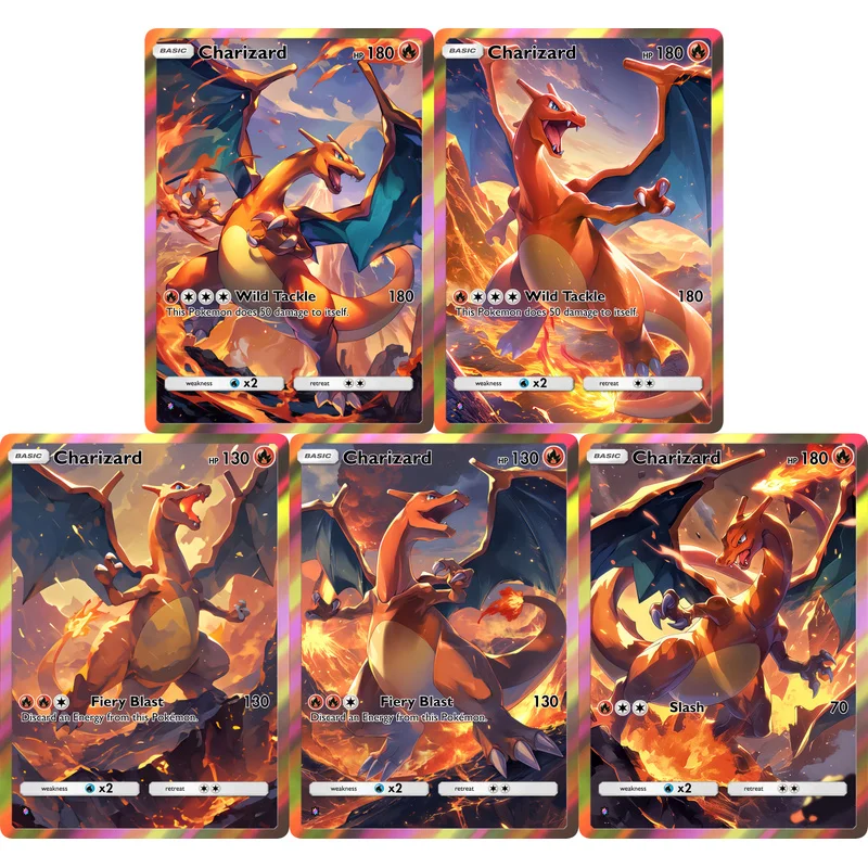 

5Pcs Charizard Trading Cards Set Full Art Fire Dragon Collectible Game Cards for Kids Fans Gift Collection