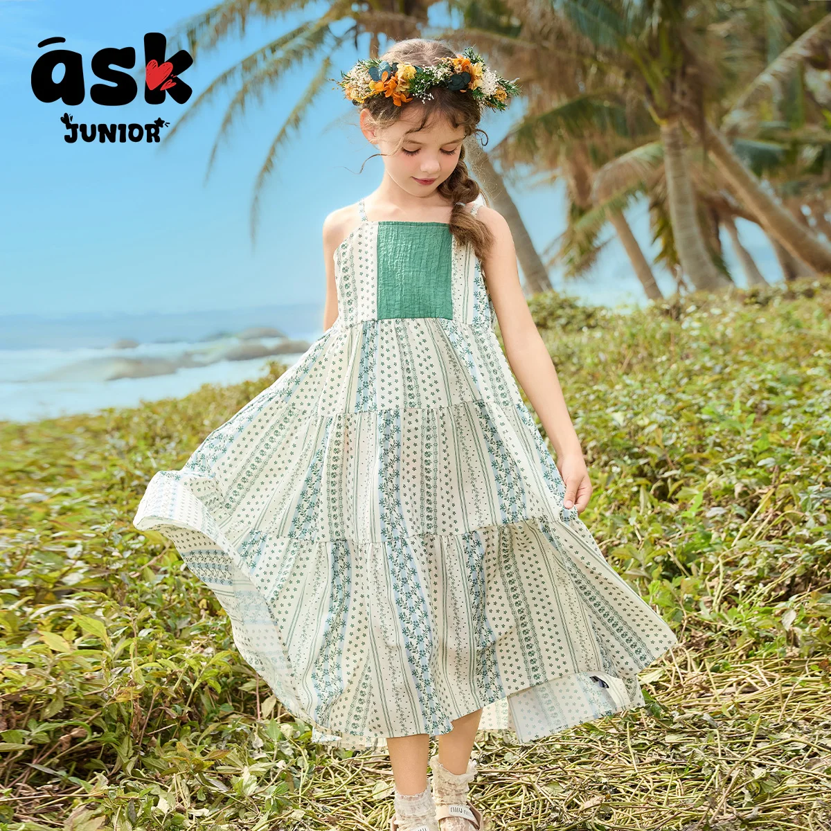 فستان بحمالات صيفي للفتيات الصغيرات الصغار بطباعة شبكية بألوان متباينة #3