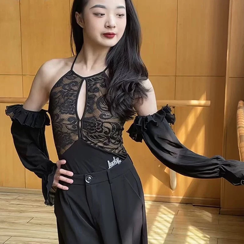 

Ballroom Dance Clothes Black Lace Bubble Sleeves Tops Women Latin Dance Performance Costume Rumba Dancing Leotard Adult DNV17277