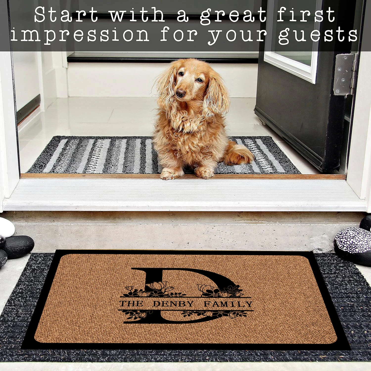 Custom Doormat Last Name Entrance Door Mats Non-Slip Rubber Personalized Split Monogram Initial Flower Letter Floor Mat