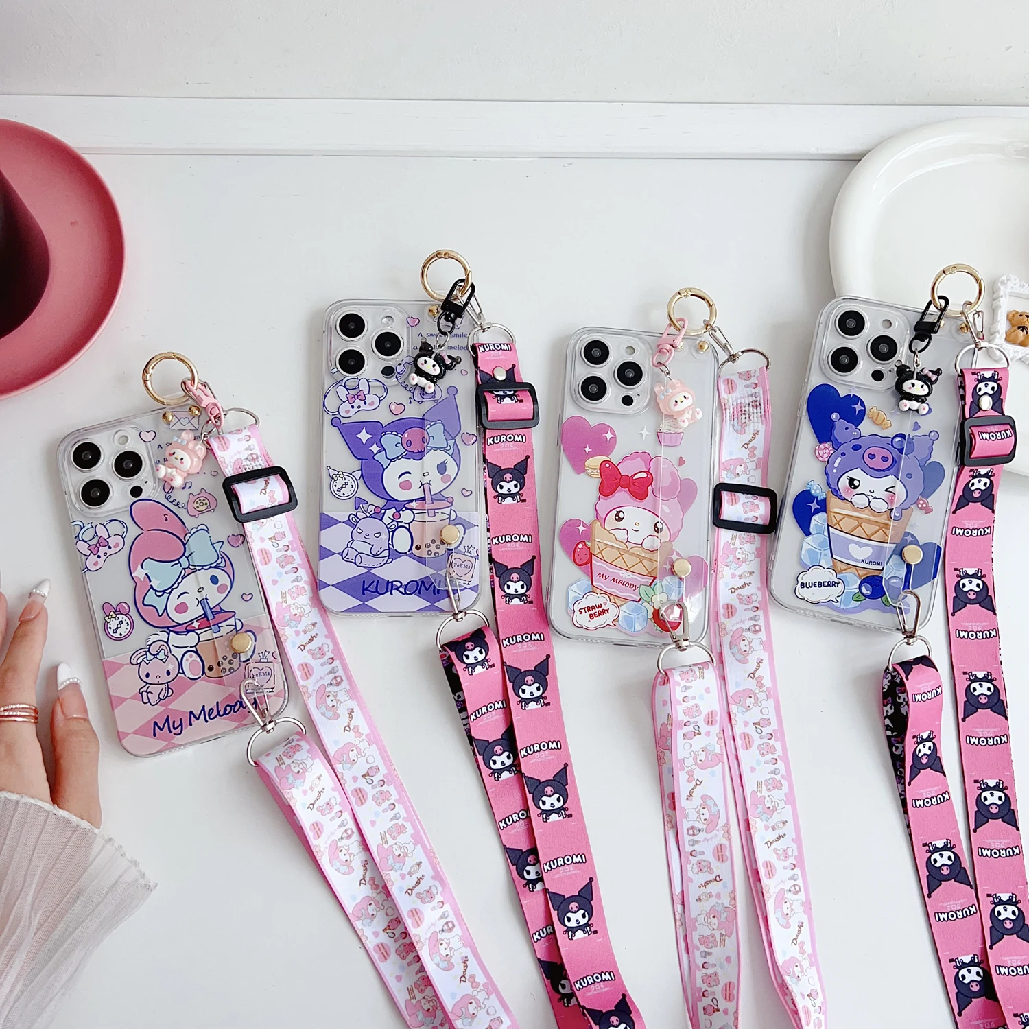 For Samsung Galaxy A07 A17 A57 A37 A06 A16 A26 A56 A04E A05 A15 A05s A25 A35 A55 milk tea Kuromi Case Wrist Strap Ornament