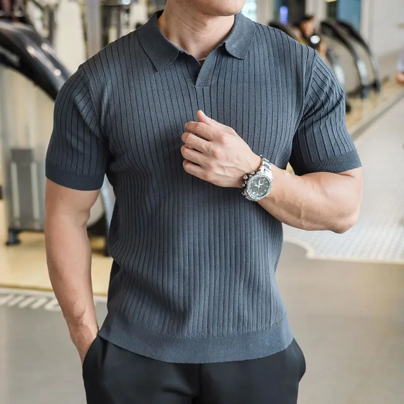 Knit Sweater Vertical-Stripe Polo Shirt Ribbed White Top Graphic Jumper Men Clothing Camisas Masculina Versatile T-shirt