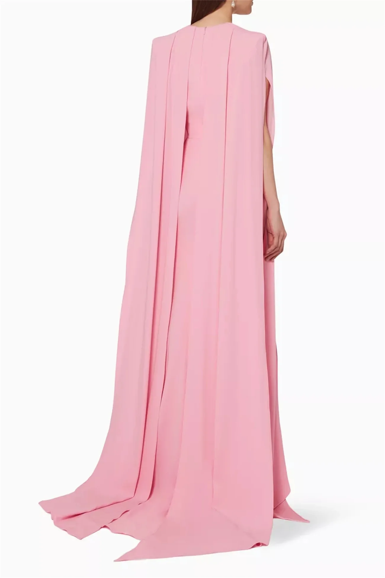 Simple Pink Evening Dress With Floor-Length Cape Sleeves Square Collar Elegant Prom Dress Long Skirt To The Floor Newest