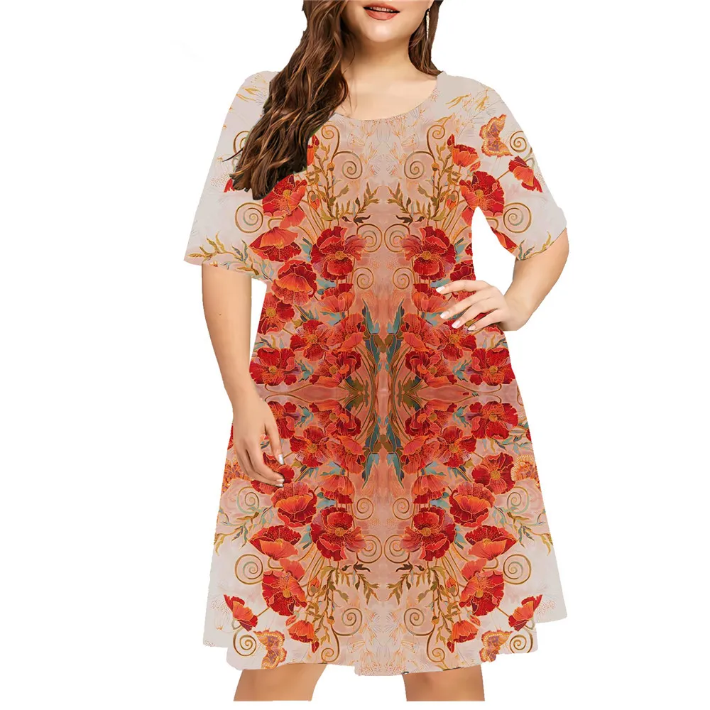 6XL Plus Size Summer Dresses Women Red Flower 3D Print Dress Loose Sundress Ladies New Short Sleeve Mini Dress Casual Large Size