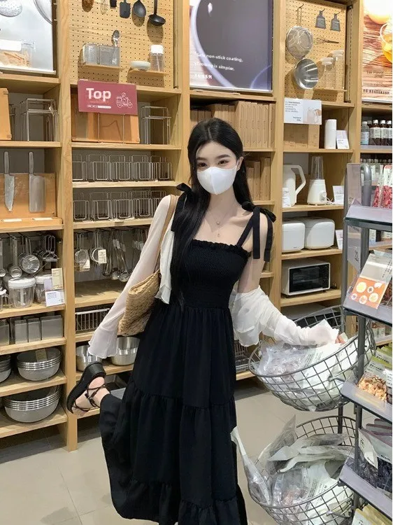 

plus Size Women's Spring Summer New Style Sun Protection Long Sleeve Top High Waist Slimming Black Strap Dress Set