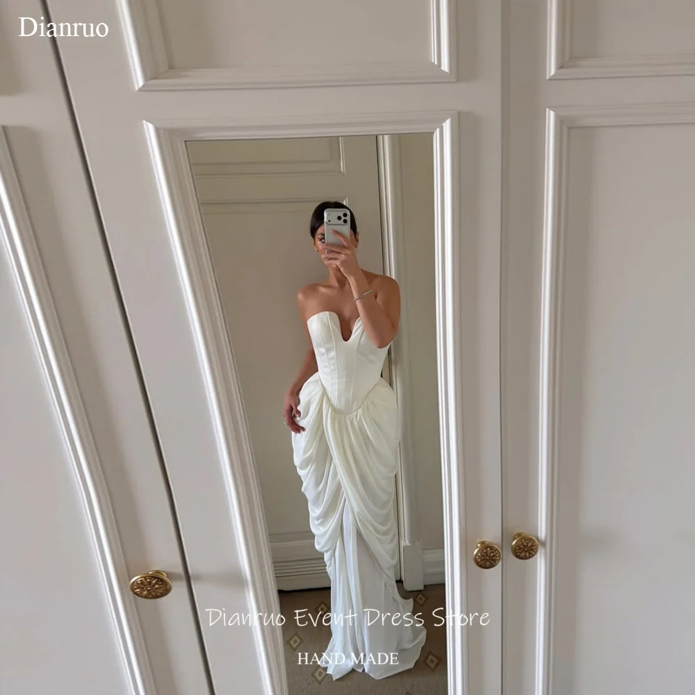 Dianruo Modern Handmade Sleeveless Wedding Dress High Slit Ruched Bridal Robe De Mariée Satin Mermaid Evening Dresses Customized