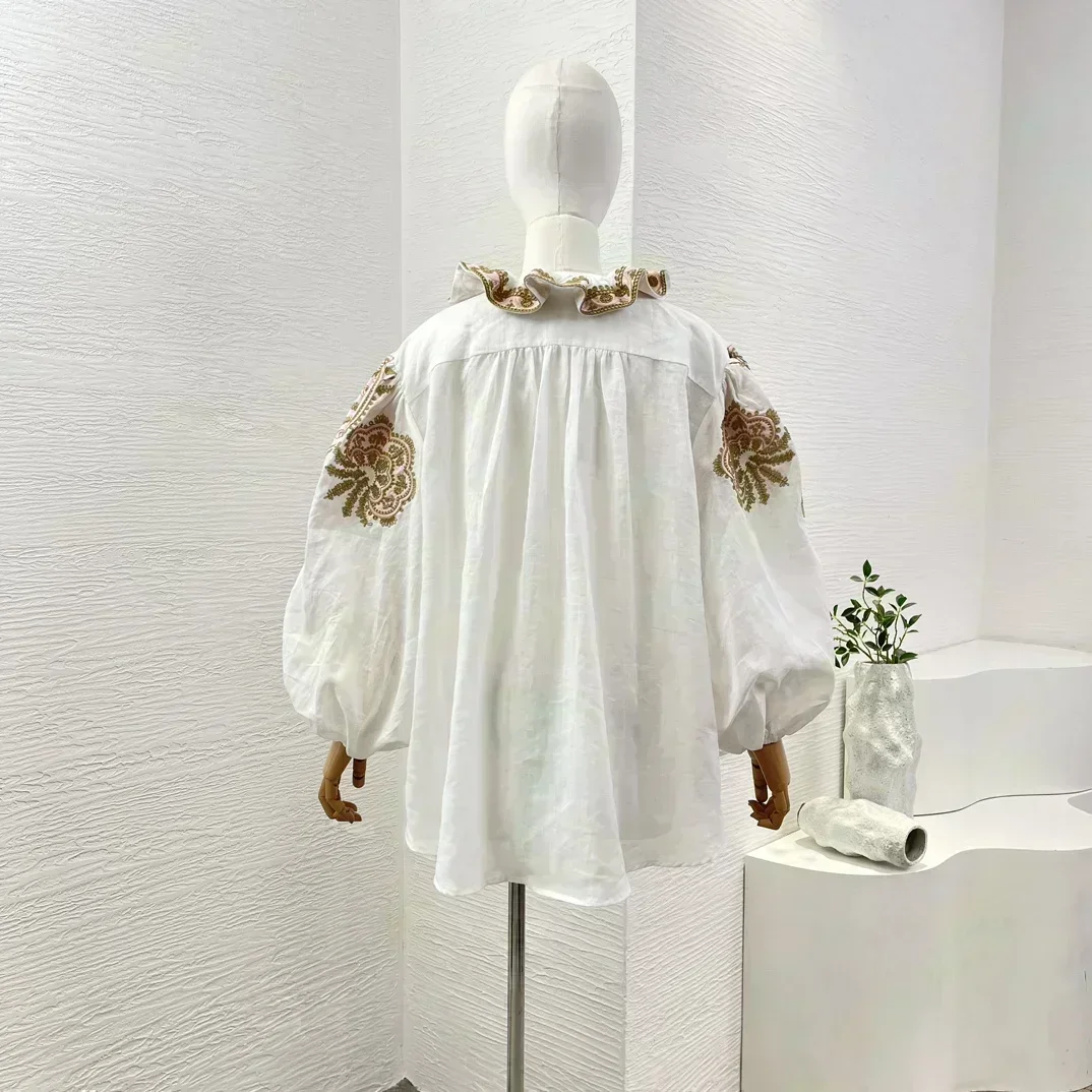 White Embroidery 2024 High Quality New Design Long Sleeve Ruffles Ramie Blouse Tops and Linen Shorts Women Set