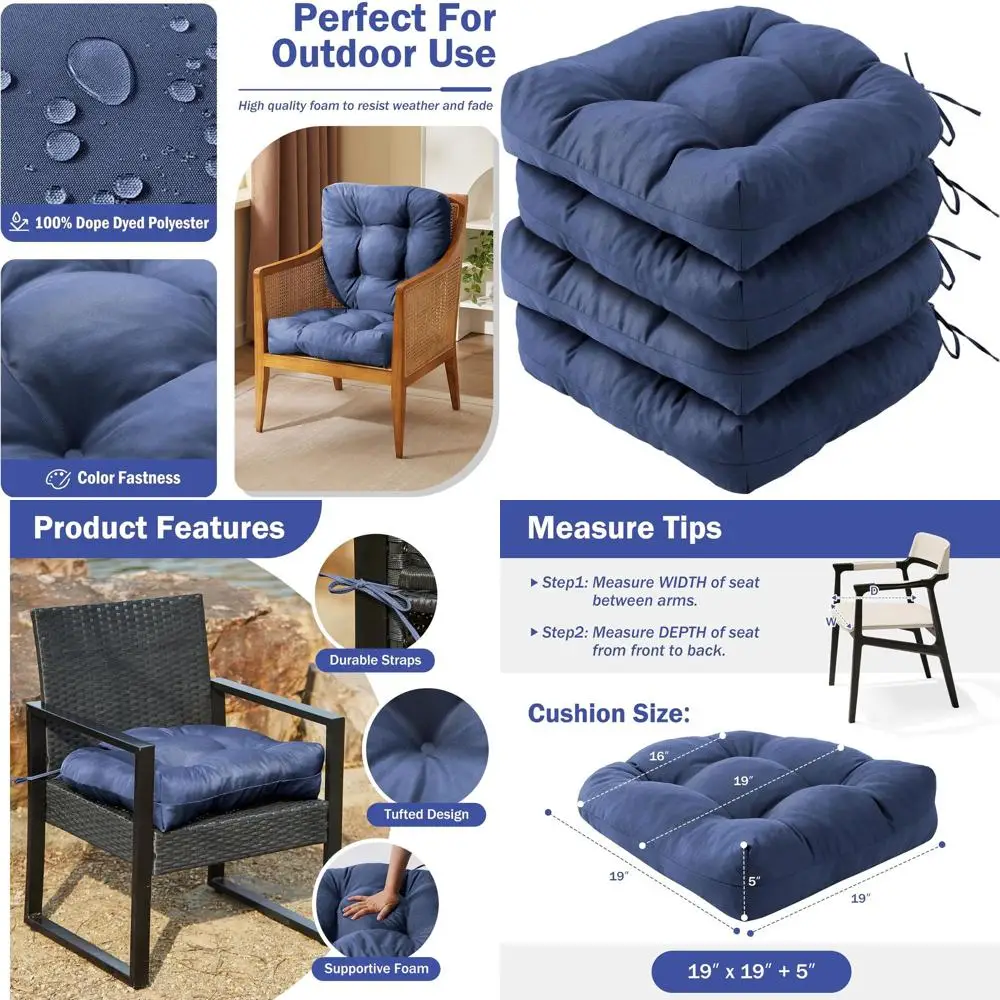 

Set of 4 Navy Outdoor Patio Chair Cushions, 19x19.5 with Ties, Waterproof & Tufted, Ideal for Dining Chairs