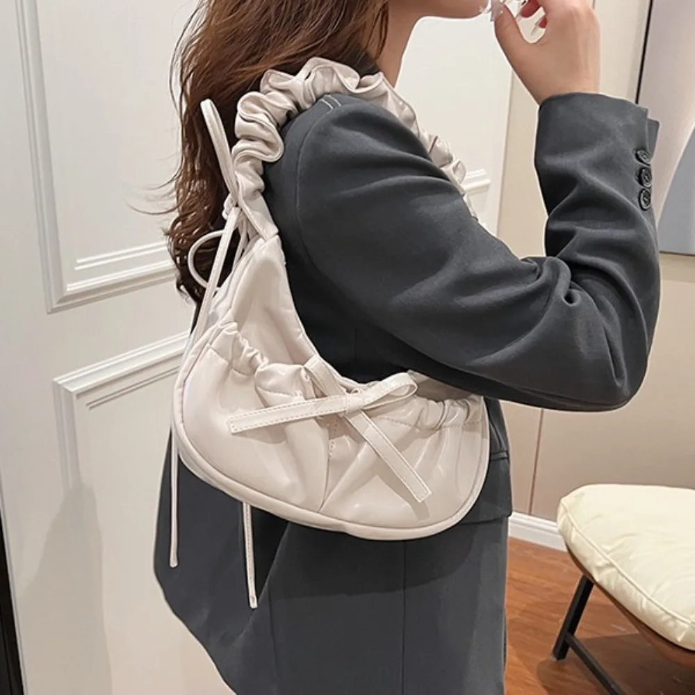 Large Capacity Bowknot Shoulder Bag Korean Style Solid Color PU Leather Shoulder Bag Waterproof Dumpling Type Underarm Bag Girls