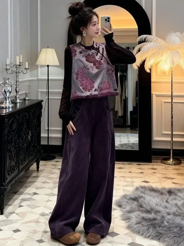

Retro Chinese Embroidered Vest Set Women's Spring Lightweight National Sle Buttoned Wide Leg Pants Tee Piece Suit