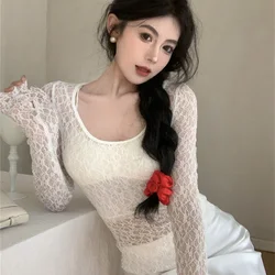 2024 Women Sexy Designer Long Sleeve Clothes Female Fishnet See Through Short Tops Lady Fashion Versatile Lace Corset T Shirts