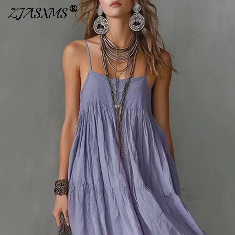 

Simple Summer Beach Casual Sundress Woman Sexy Sleeveless Spaghetti Strap Boho Dress Spring Solid Loose Long Maxi Dress Vestidos