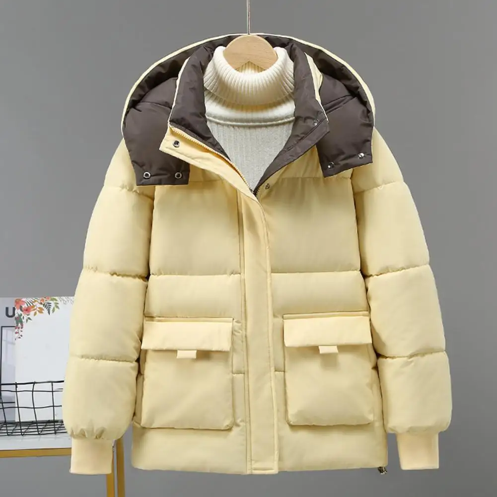 Manteau d'hiver en duvet avec col montant et poches zippées, parka rembourrée à capuche, veste en coton coupe-vent pour temps froid, rétention de la chaleur