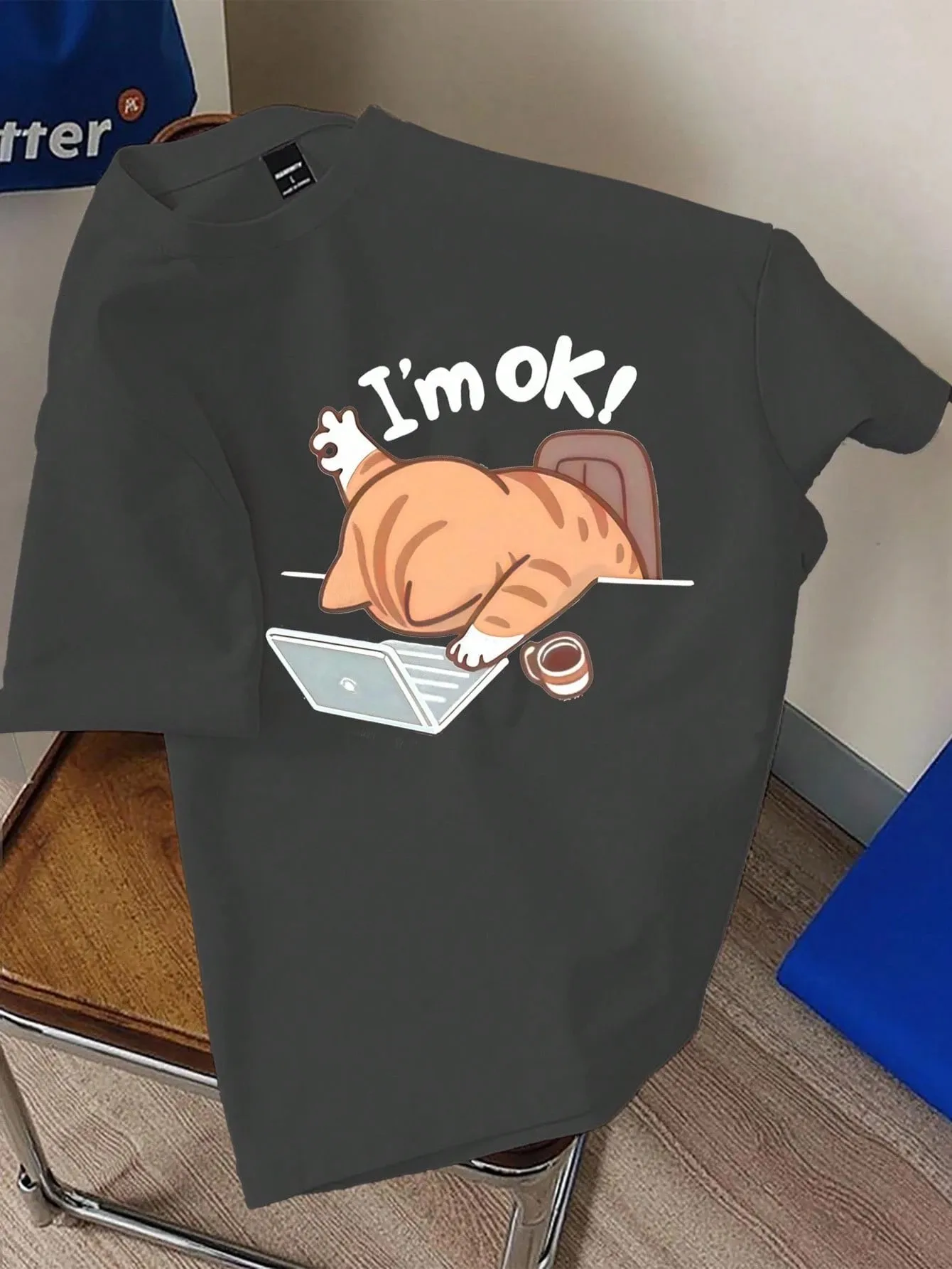 CLOOCL Funny Cat Working I'm Ok Bedruckte Premium-Baumwoll-T-Shirts für Herren, Sommer-Kurzarm-T-Shirts, lässige Oberteile