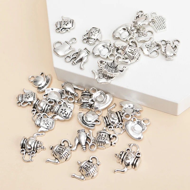 New 35pcs/lot Mixed Tibetan Silver Color Cup Teapot Charms Pendants DIY Handmade Crafts Bracelet for Jewelry Making Accessories