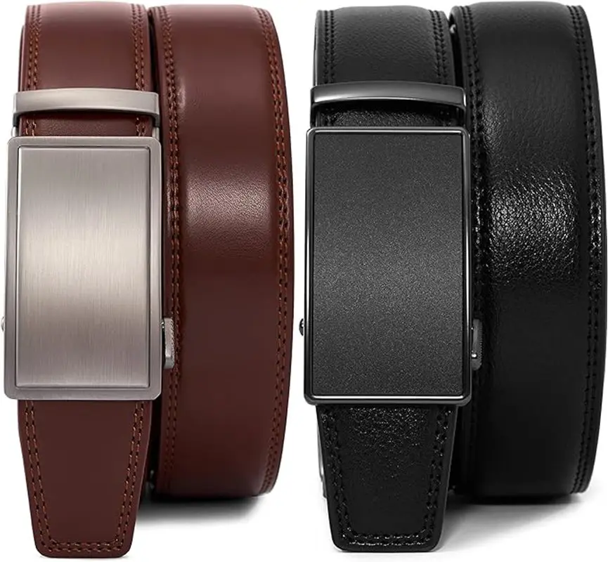 PlusZis Black with Automatic Buckle Brown Automatic Buckle Two Pack Men's Leather Ratchet  Fashion Business Dress Belt