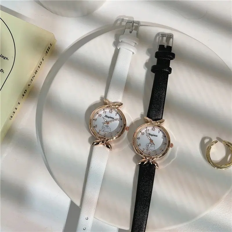 นาฬิกาควอตซ์กันน้ำขนาดเล็กสำหรับเด็กผู้หญิงนาฬิกาหนังสีดำเป็นของขวัญวันเกิด