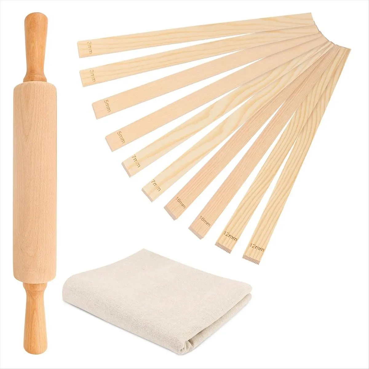 DT154 TRENDY~12 Pcs Pottery Tools Teaching Set, Include 17inch Slab Roller 10 Pcs Wooden Rolling Pin Guides 1 Linen Tablecloth