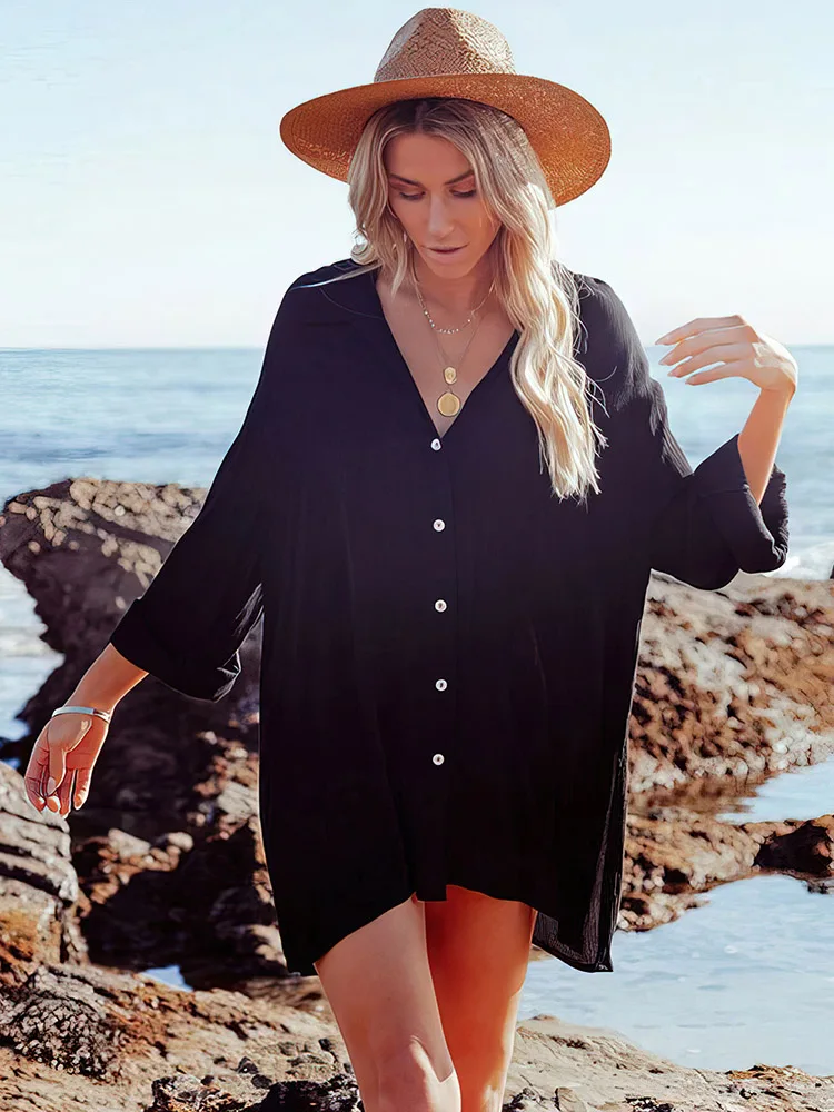 2023 New Beach Outing Cover Up Tunic Dress Bohemian Chiffon White Bikini Pareo Shirt Women Swimsuit Kimono Beachwear Cardigan