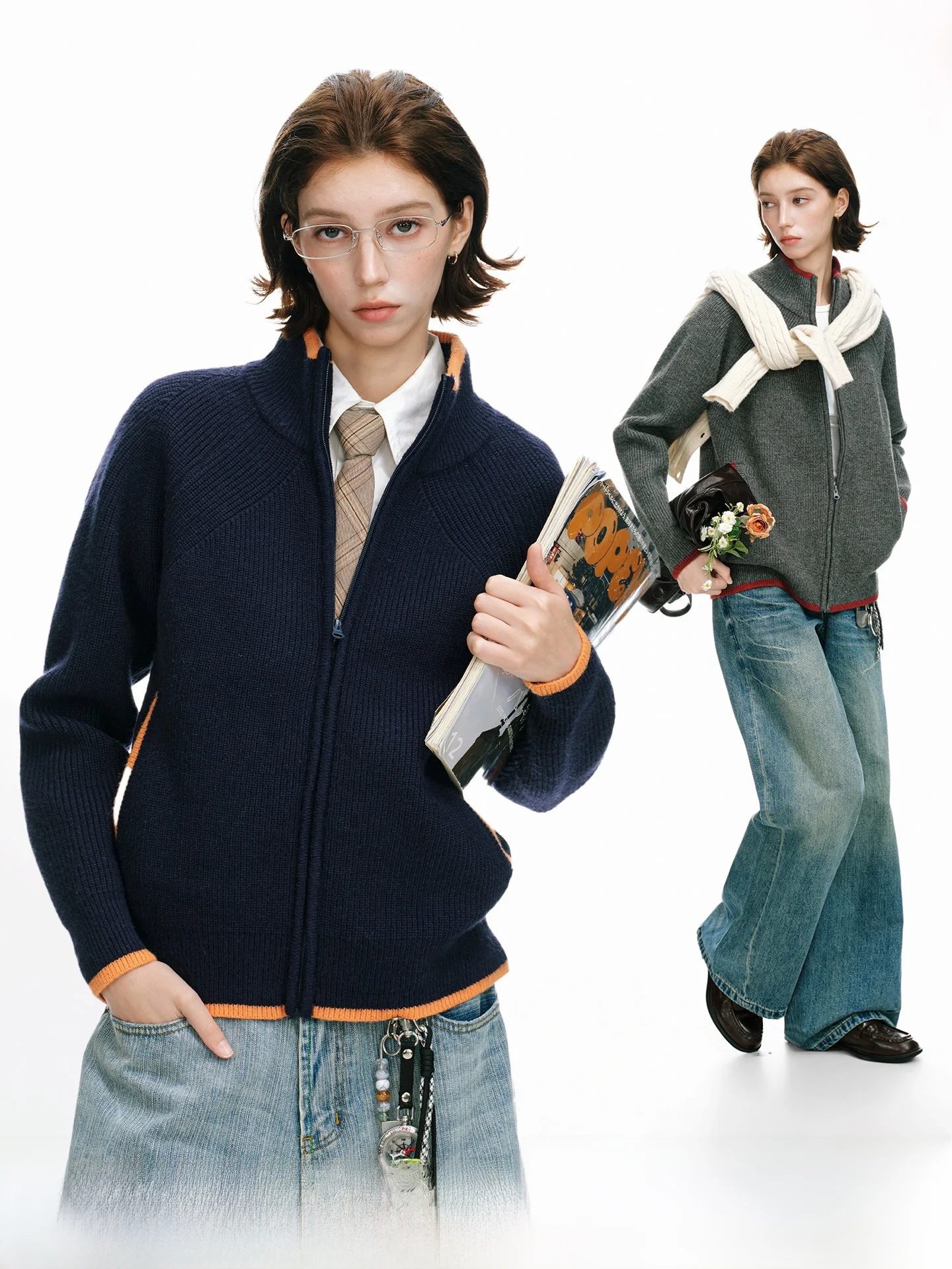 American Minimalist Stand Collar Open Cardigan Knitwear Men Women Style Half High Collar Sweater Jacket for Autumn Winter