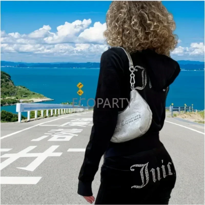 Women Soild Velvet Two Piece Set Beading Letters Juicy Couturs Tracksuit Sexy Hooded Crop Top Jacket Flare Pants Y2K Streetwear